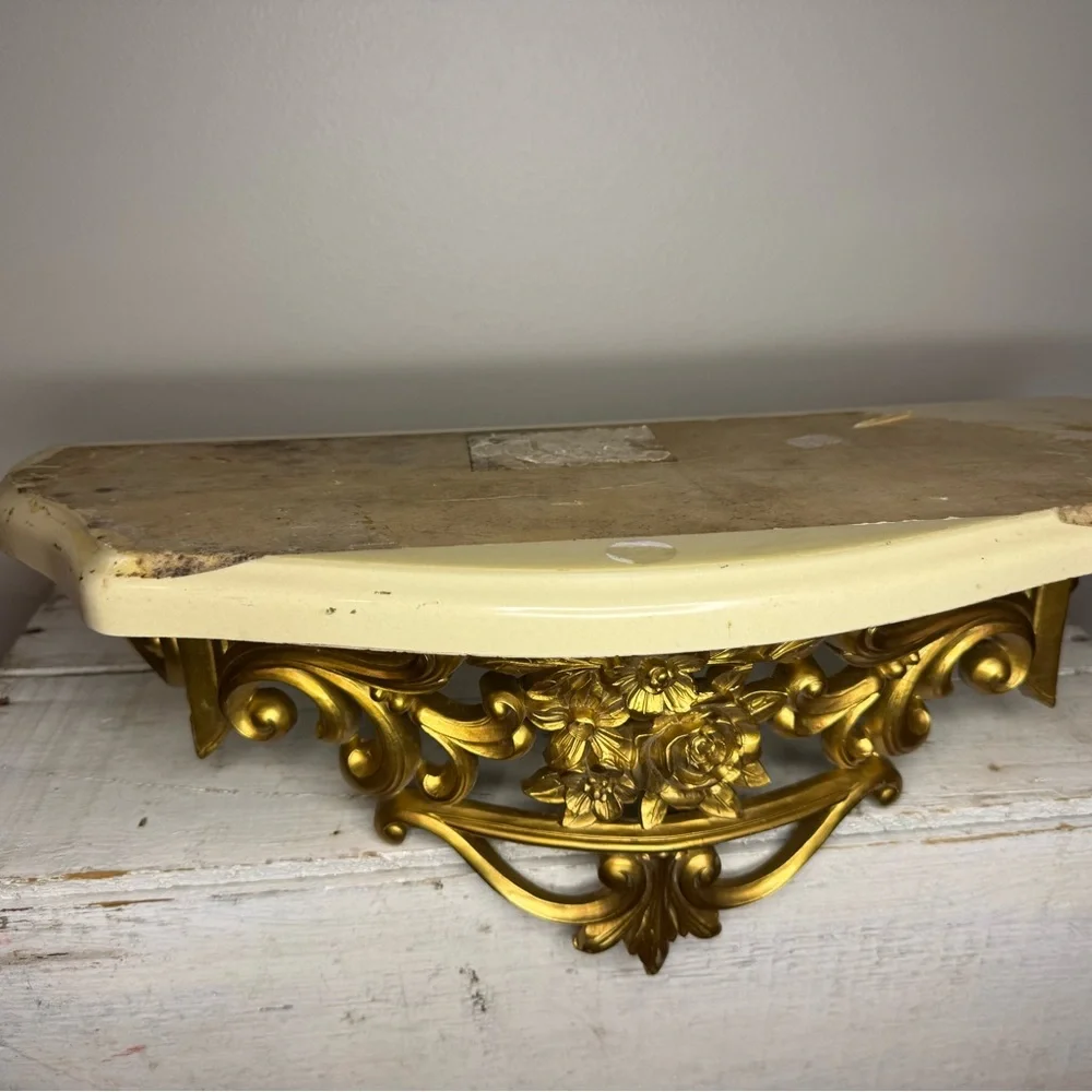 Vtg 1965s Gold Ornate Rose & Marble Wall Shelf Dart Syroco Hollywood Regency MCM